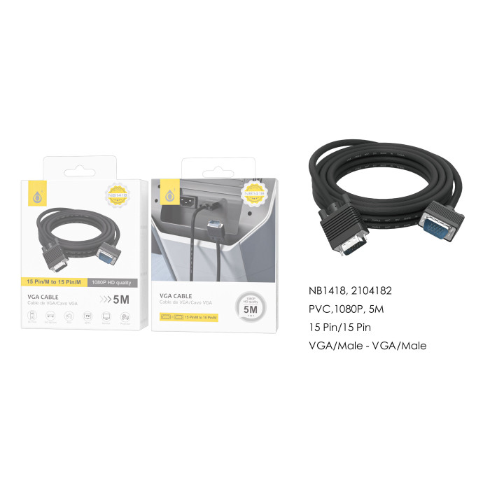 Cable VGA (Macho-Macho)1080P,Cable 5m,Negro