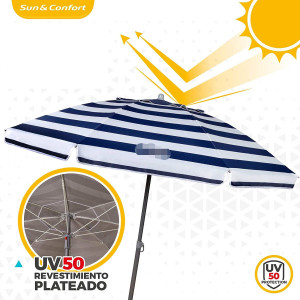 Bismark-381100  Sombrolla de playa grande  220CM protección UV 50, diseño a rayas marineras,