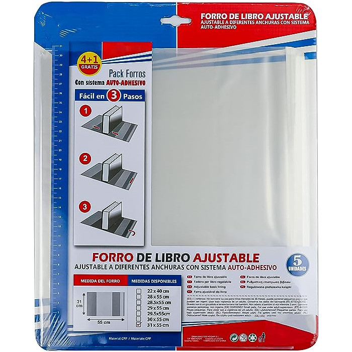 Forro de Libros 31x55 cm  Autoadhesivo y Ajustable Transparente - Pack de 5 Unidades