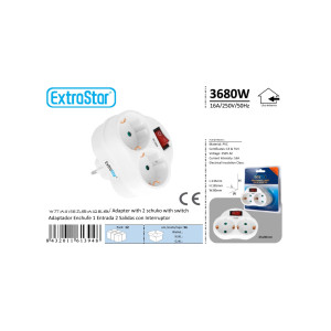 2 en 1 Adaptador con Interruptor y 2 Enchufes Schuko, Adaptador de Regleta, hasta Carge 3680W, 16A/250V~