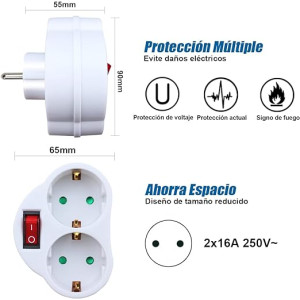 2 en 1 Adaptador con Interruptor y 2 Enchufes Schuko, Adaptador de Regleta, hasta Carge 3680W, 16A/250V~