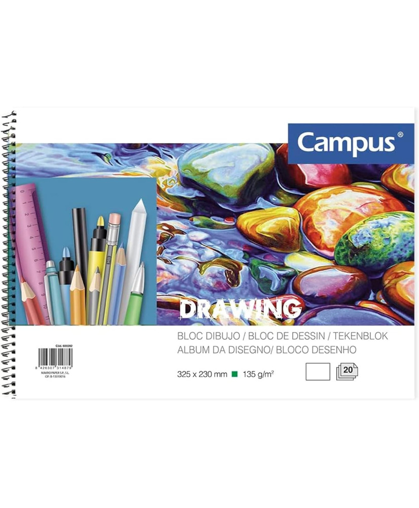 Campus - Bloc de Dibujo A4 Cuaderno de Bocetos con Espiral 20 Hojas 135 gramos en Blanco para Carboncillo, Lápiz, Ceras o Pastel