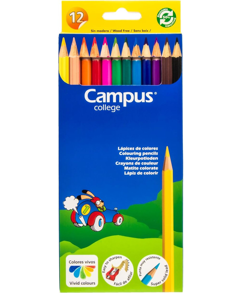 Campus – Lápices de Colores, Caja de 12 Colores Sin Madera para Dibujar y Colorear,