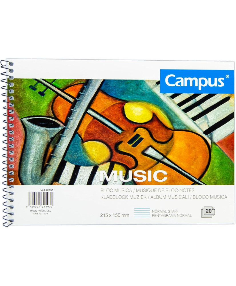 CAMPUS – Cuaderno de Música con 20 Hojas de Pentagramas, Bloc de Música A5 con Papel de 80g y Tapa Dura de 350g,